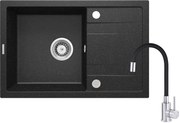 Deante Corio, granitový drez na dosku 670x440x175 mm + drezová batéria s flexi ramenom chrómová-čierna + 3,5" + priestorovo úsporný sifón, 1-komorový, grafitová, ZRCP2113