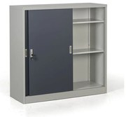 Kovová skriňa s posuvnými dverami, 2 police, 1200 x 1200 x 450 mm, tmavo sivá