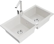 Mexen Mario, granitový drez 820x436x161 mm, 2-komorový, biela s chrómovým sifónom a chrómová drezová batéria Rita, 6504-20-670300-00