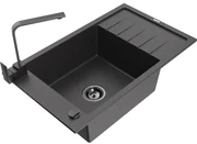 Mexen Elias, granitový drez granitový 795x480x200 mm, 1-komorový, čierna škvrnitá s čiernym sifónom a čierna drezová batéria Rita, 6511-76-670300-70-B
