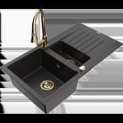 Mexen Matias granitový 1,5-komorový drez s odkvapkávačom a kuchynskou batériou Elia, Čierna/Zlatá metalíza - 6502-75-670101-50
