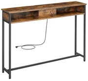 Konzolový stolík s nabíjacou stanicou, úzky stolík s 2 priehradkami, vintage hnedý a čierny