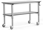 Nastaviteľný dielenský stôl MOTION s kolieskami, s policou, 1500x600 mm