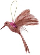 Ružový závesný vtáčik kolibrík s pierkami a trblietkou - 10*4*10 cm