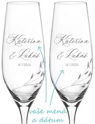 Svadobné poháre na sekt Brúsené lístočky s menami 2 ks