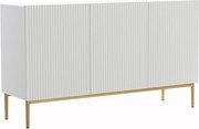 Biela komoda Nicole 150 cm s trojdverovým ryhovaným čelom - matná biela / zlaté nožičky