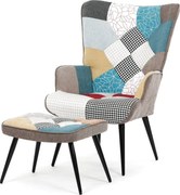 Relaxačné kreslo ušiak s taburetom ROYAL II — kov, vodeodolná látka, patchwork