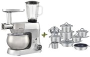 MEGAKOMBO Multifunkčný kuchynský robot BestBerg BBR-1900S + 15dielna sada nerezových hrncov a nepriľnavých panvíc BestBerg BBSC-15 / strieborná