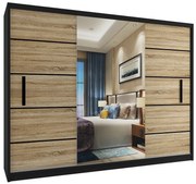 Šatníková skriňa 232 cm Belini čierny mat / dub sonoma s posuvnými dverami a zrkadlom MZ SZP4/2/1B/2DS1L/0/BL
