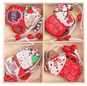 Sada vianočných drevených ozdôb HOT DRINKS, 12 ks