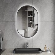 Erga Freya, oválne LED zrkadlo 40x60cm v čiernom kovovom ráme, 3 farby svetla, zadné osvetlenie, vyhrievacia podložka proti zapareniu, ERG-V01-FREYA-4060-BK
