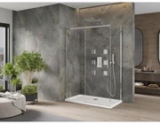 Mexen Omega, sprchovací kút s posuvnými dverami 140 (dvere) x 80 (stena) cm, 8mm číre sklo, chrómový profil + slim sprchová vanička 5cm, 825-140-080-01-00-4010