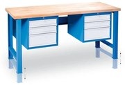 Výškovo nastaviteľný pracovný stôl GD s 2 závesnými boxami na náradie, buková škárovka, 6 zásuviek, 1700 x 685 x 850 - 1050 mm, modrá