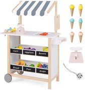 Detský zmrzlinový vozík so 6 zmrzlinami a 2 policami Drevený obchod na kolieskach Nákupný vozík sivý