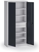 Policová dielenská skriňa 2-dverová, 5 políc + 2 zásuvky, 1950 × 950 × 500 mm, grafitové dvere