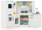 Drevená rohová detská kuchynka so svetlom a zvukom a doskou a príslušenstvom Detská kuchynka Hracia kuchynka Drevená kuchynka biela