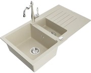 Mexen Matias, granitový drez 900x505x200 mm, 1,5-komorový a drezová batéria Carla, béžová, 6502-69-670700-00
