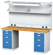 Alfa 3 Dielenský stôl MECHANIC I + 2x závesný box, nadstavba, polica, el. zásuvky a osvetlenie , 8 zásuviek, 2000x685x880 mm, modré dvere