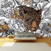 Fototapeta - Leopard v pivonkách (147x102 cm)