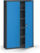 Plechová policová skriňa na náradie KOVONA, 1950 x 1200 x 400 mm, 4 police, grafit/modrá