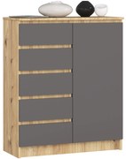 Komoda JERRY 80 cm 1 dvere 5 zásuviek dub artisan/antracitovo šedá