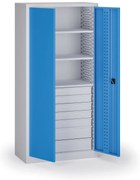 Policová dielenská skriňa 2-dverová, 3 police + 7 zásuviek, 1950 × 950 × 500 mm, modré dvere