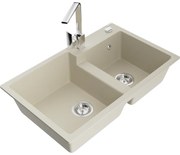 Mexen Tomas, granitový drez 800x500x190 mm, 2-komorový a chrómová batéria Rita, béžová, 6516-69-670300-00