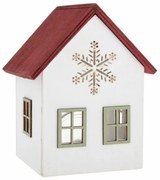 Drevený svietnik so skleneným domčekom so snehovouvločkou, 15 cm, červený
