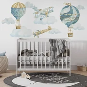 Gario Detská nálepka na stenu Retro balloons and airplanes - dve lietadlá a dva balóny s mrakmi