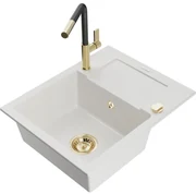 Mexen Enzo, 1-komorový granitový drez 576x465x174 mm a drezová batéria Flora, biela, 6506-20-670401-57-G