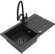 Mexen Pablo, granitový drez 752x436x161 mm, 1-komorový a drezová batéria Duo, čierna-zlatá metalíza, 6510-75-671701-70-B