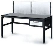 Antistatický dielenský ESD stôl s perfopanelom, 1 zásuvkový box na náradie, 1600x800x745-985 mm