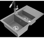 Mexen Gaspar granitový 1,5-komorový drez s odkvapkávačom a kuchynskou batériou Flora, Šedá - 6507-71-670401-07