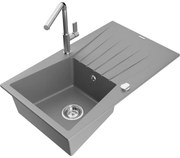 Mexen Cesar, 1-komorový granitový drez 775x470x190 mm a drezová batéria Flora, šedá, 6514-71-670401-00