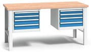 Výškovo nastaviteľný pracovný stôl do dielne WL s 2 závesnými boxami na náradie, buková škárovka, 8 zásuviek, 2000 x 685 x 840 - 1050 mm