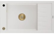 Mexen Elias granitový jednokomorový drez s odkvapkávačom 795 x 480 mm, Biela, Sifón Zlatá - 6511791005-20-G