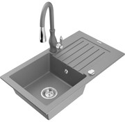 Mexen Pablo, granitový drez 752x436x161 mm, 1-komorový a drezová batéria Savita, šedá, 6510-71-672601-71