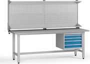 Výškovo nastaviteľný dielenský stôl G5 s nadstavbou, 2100 x 750 x 800-1000 mm, 1x kontajner, 4 zásuvky, modrá