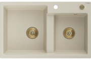 Mexen Tomas, granitový drez 800x500x190 mm, 2-komorový, béžová so zlatým sifónom, 6516802000-69-G