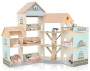 Rohový drevený domček pre bábiky s ružovou strechou a 41 kusmi nábytku a doplnkov Domček pre bábiky