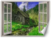 Gario Fototapeta Okno - pohľad na chatu v lese Materiál: Vliesová, Rozmery: 210 x 150 cm