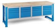 Dielenský stôl KOVONA, 12 zásuviek na náradie, buková škárovka, pevné nohy, 2100 mm