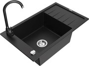Mexen Elias granitový jednokomorový drez s odkvapkávačom a kuchynskou batériou Telma, čierna - 6511-77-670200-70