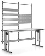Výškovo nastaviteľný dielenský stôl MOTION, 400 kg, 2000x800 mm, panel na náradie + závesné lišty
