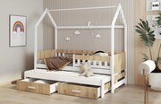 Detská domčeková posteľ z masívu borovice JASPER so šuplíkmi a prístelkou - 200x90 cm - biela/dub shetland