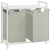 Kôš na bielizeň s 2 priehradkami, kovový rám, biela a sivá farba