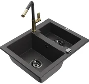 Mexen Carlos, 1,5-komorový granitový drez 582x475x177 mm a drezová batéria Flora, čierna škvrnitá, 6518-76-670401-75-B