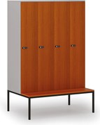 Drevená šatníková skrinka S4 s lavičkou, 4 oddiely, 1871 x 1200 x 500/800 mm, demont, mechanický kódový zámok, sivá/čerešňa