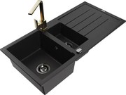 Mexen Andres granitový 1,5-komorový drez s odkvapkávačom a kuchynskou batériou Rita, Čierna/Zlatá metalíza- 6515-75-670300-50-B