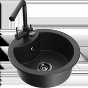 Mexen Diego granitový jednokomorový drez s kuchynskou batériou Duero, Čierna/Strieborná metalíza - 6512-73-671600-70-B